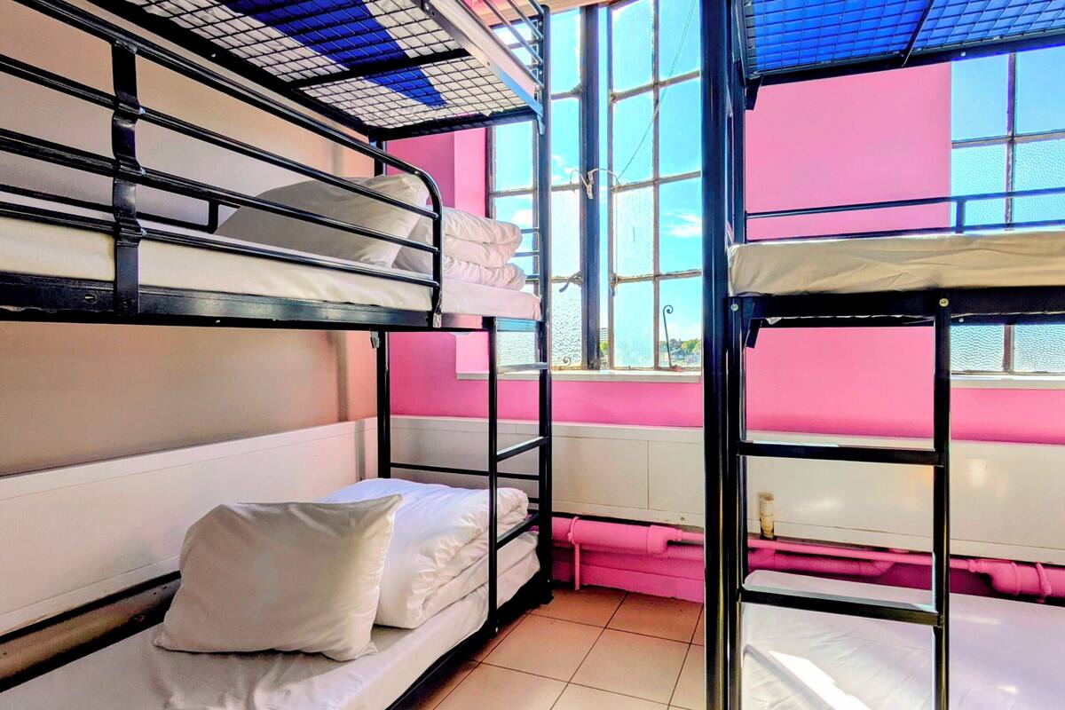 A bunk bed room with pink walls and a window.