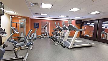 A gym with treadmills, elliptical machines, and weight benches.