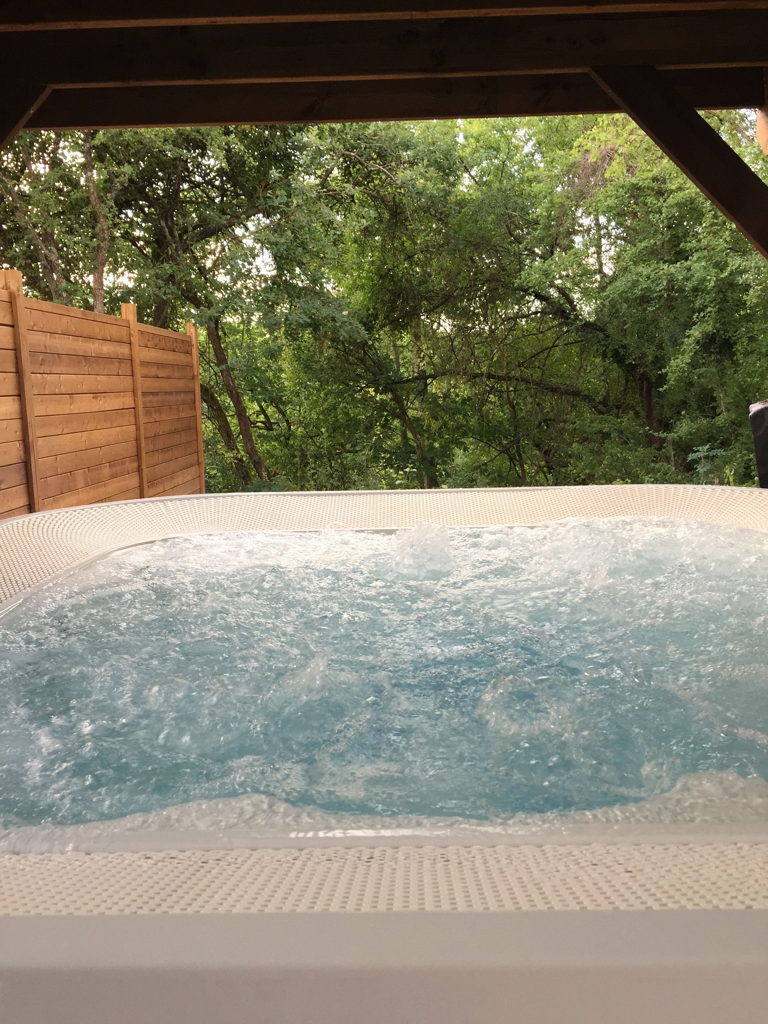 A hot tub surrounded by a wooden fence and lush greenery.