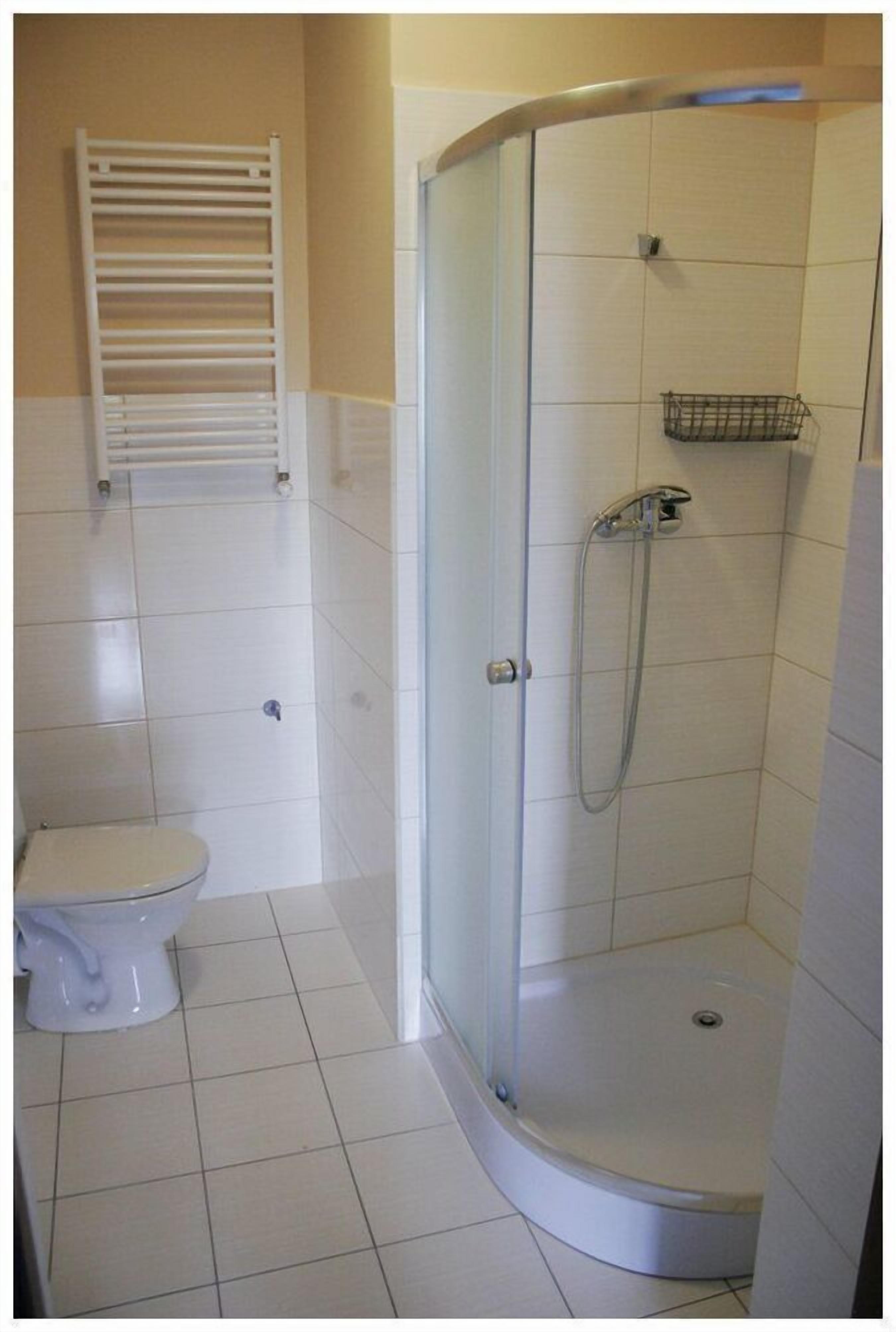 shower, rainfall showerhead, hair dryer, towels