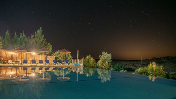 Un espace piscine aménagé pour la nuit, avec des chaises longues et des parasols, entouré d’arbres et offrant une vue dégagée sur le ciel.