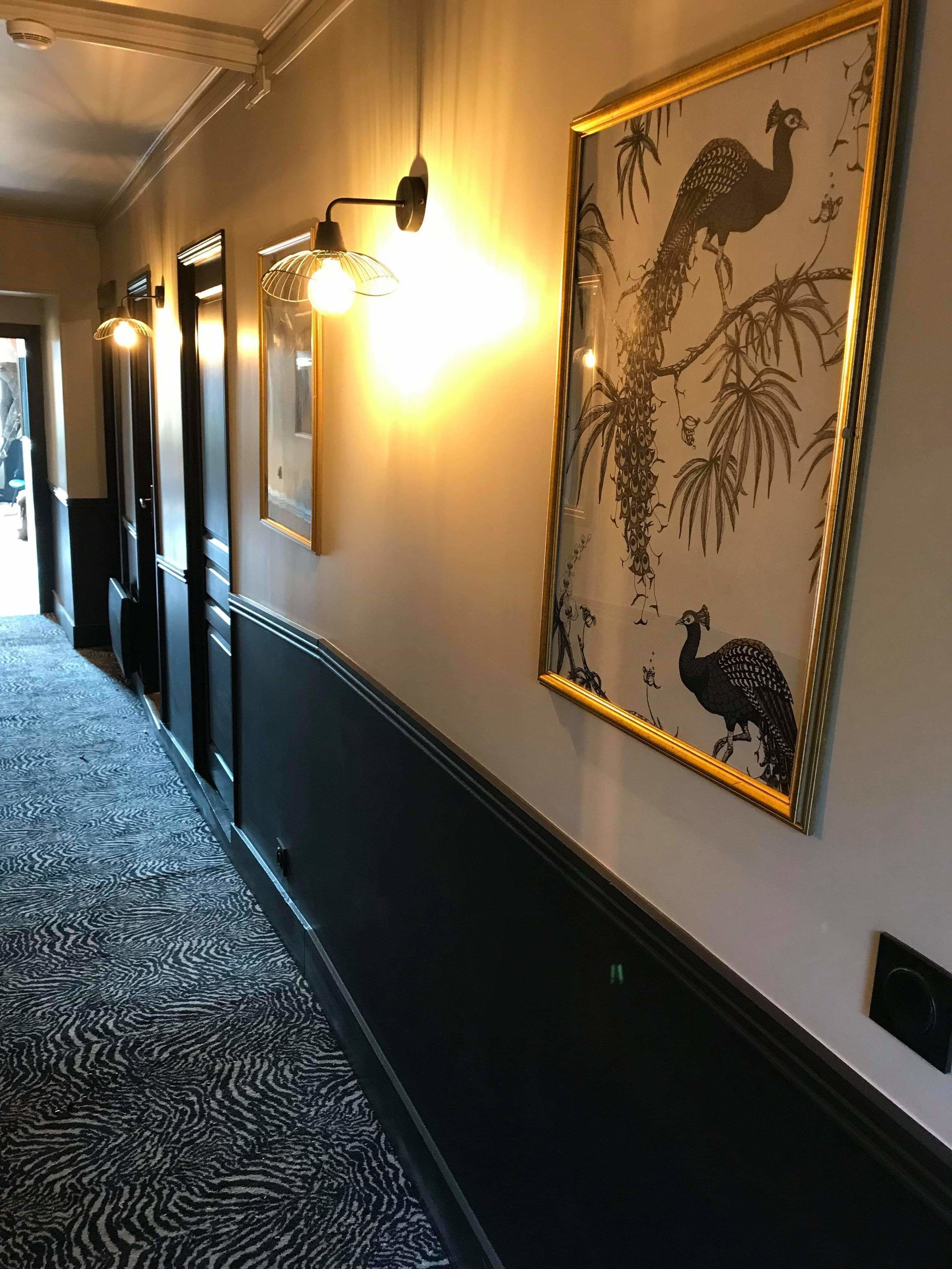 A hallway with patterned carpet, wall-mounted sconces, and framed artwork depicting birds.