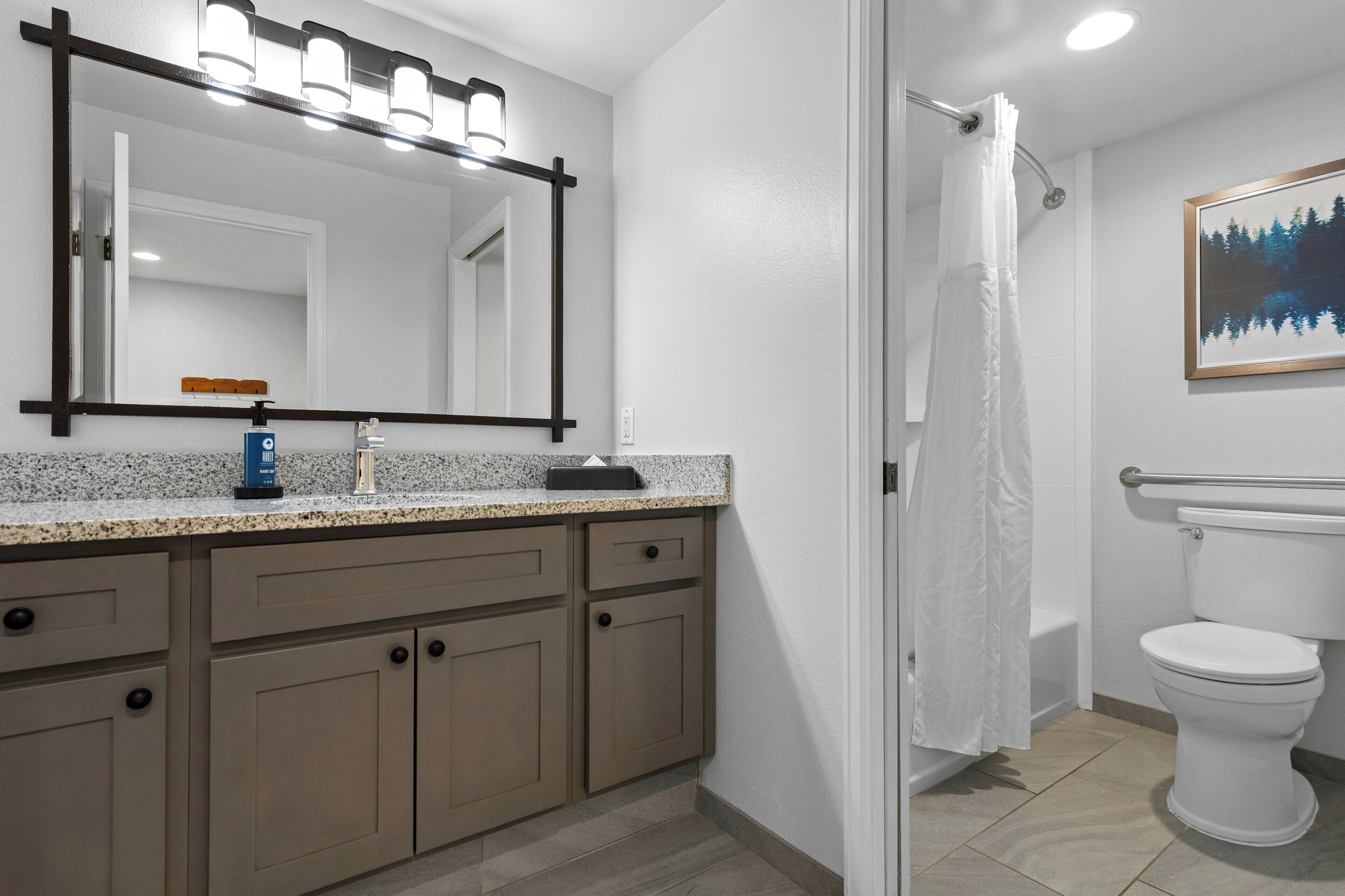 combined shower/bathtub, hair dryer, towels