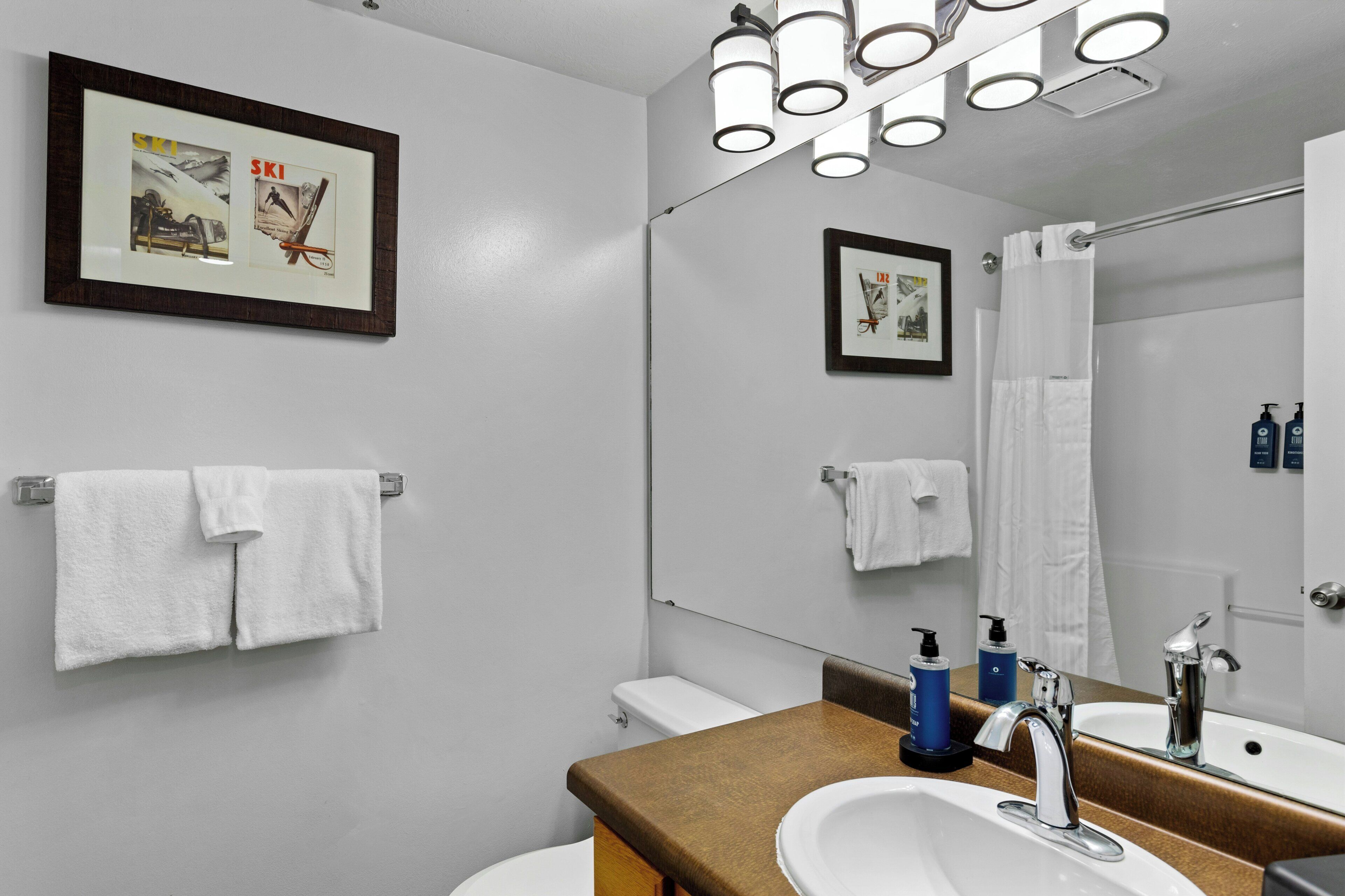 A bathroom with a white sink, a mirror, a towel rack, and a framed picture on the wall.
