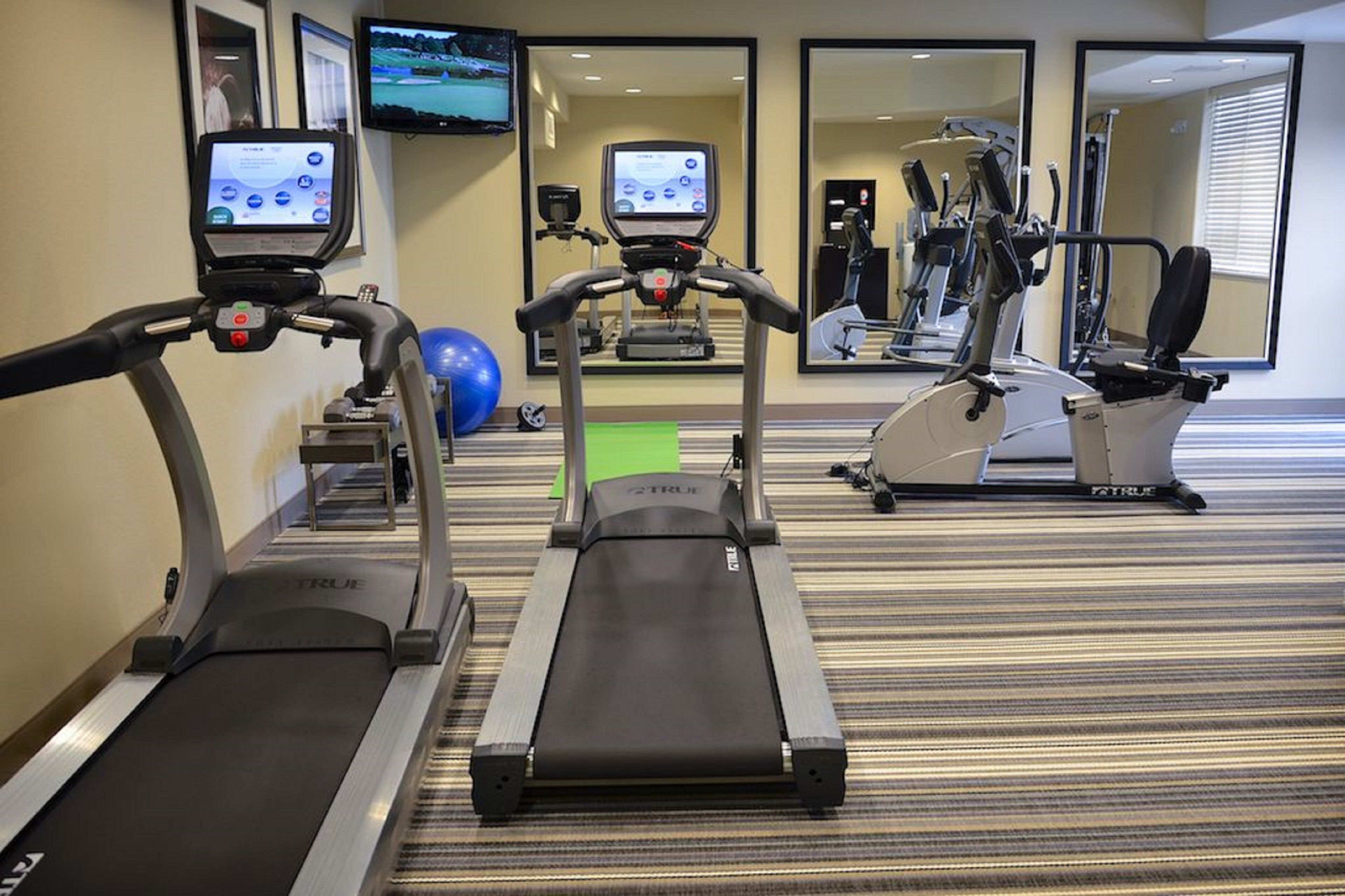 Une salle de sport équipée de tapis de course, de ballons d’exercice et d’un mur recouvert de miroirs.