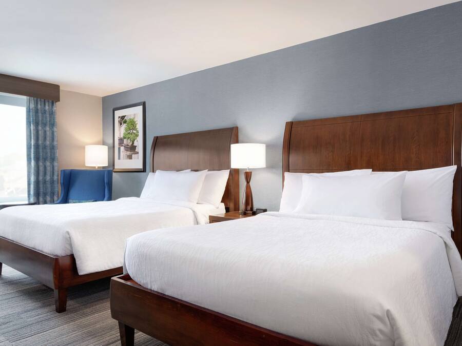 Quarto de hotel com duas camas, uma janela grande com cortinas, um quadro na parede e uma mesa de cabeceira com abajur.