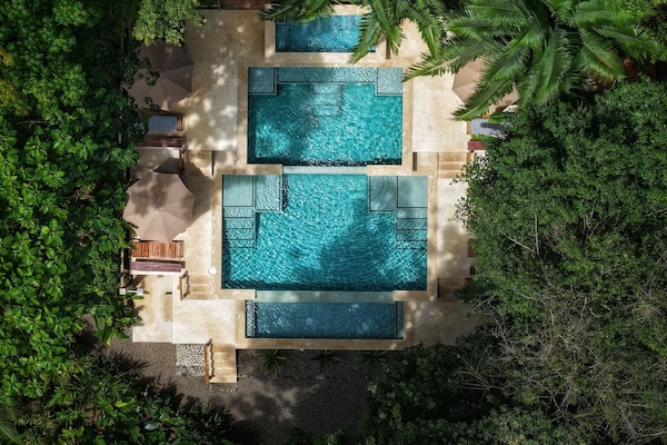 Outdoor pool, an infinity pool, pool umbrellas, sun loungers