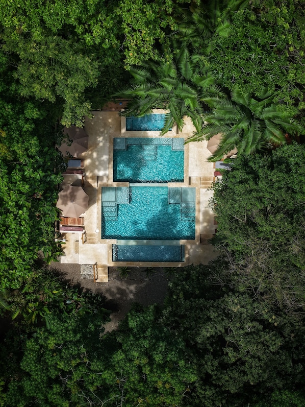 Piscine extérieure, piscine à débordement, parasols, chaises longues