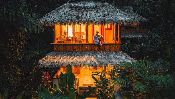 A thatched-roof structure with a person seated on the porch, surrounded by lush greenery.