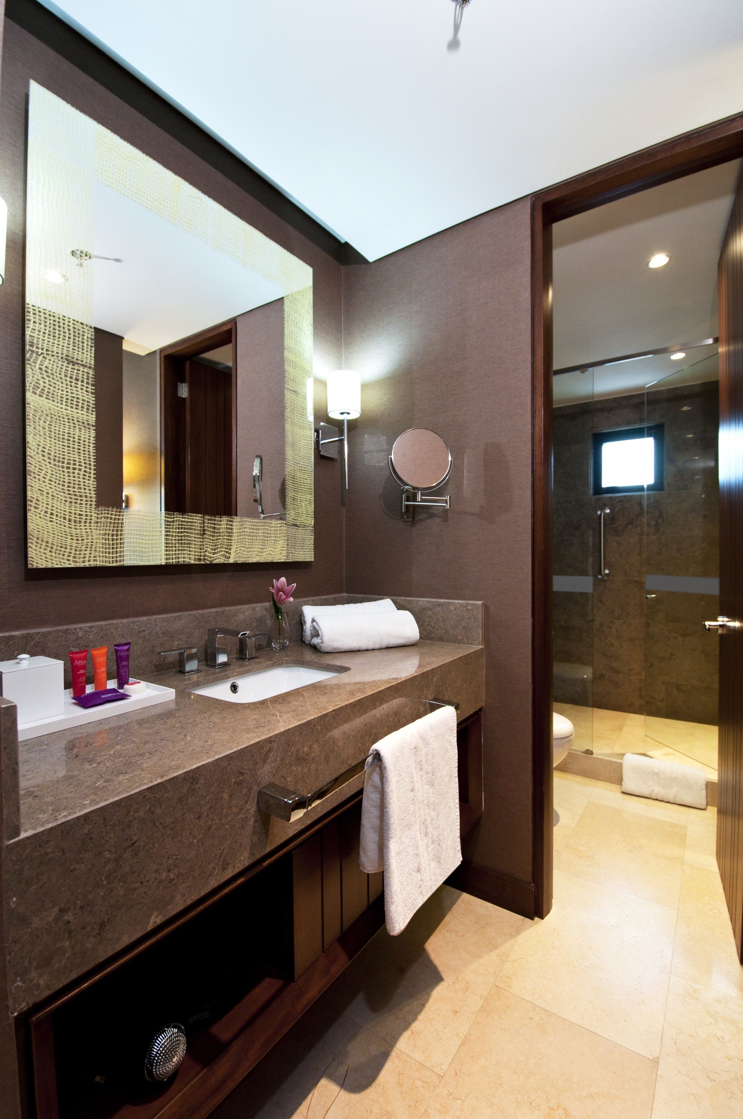 shower, eco-friendly toiletries, hair dryer, towels