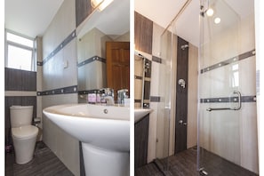 Shower, rainfall showerhead, free toiletries, bidet