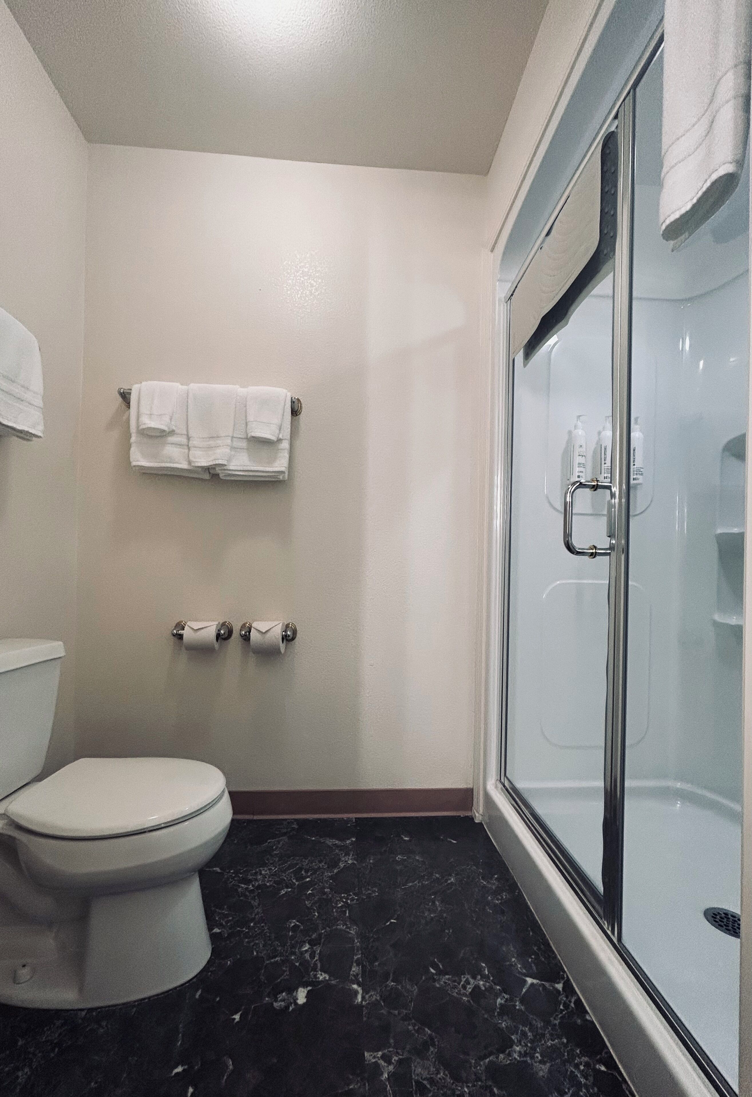 A bathroom with a toilet, a glass shower enclosure, and a marble floor.