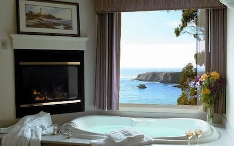 A bathroom with a large bathtub, a fireplace, and a view of the ocean.