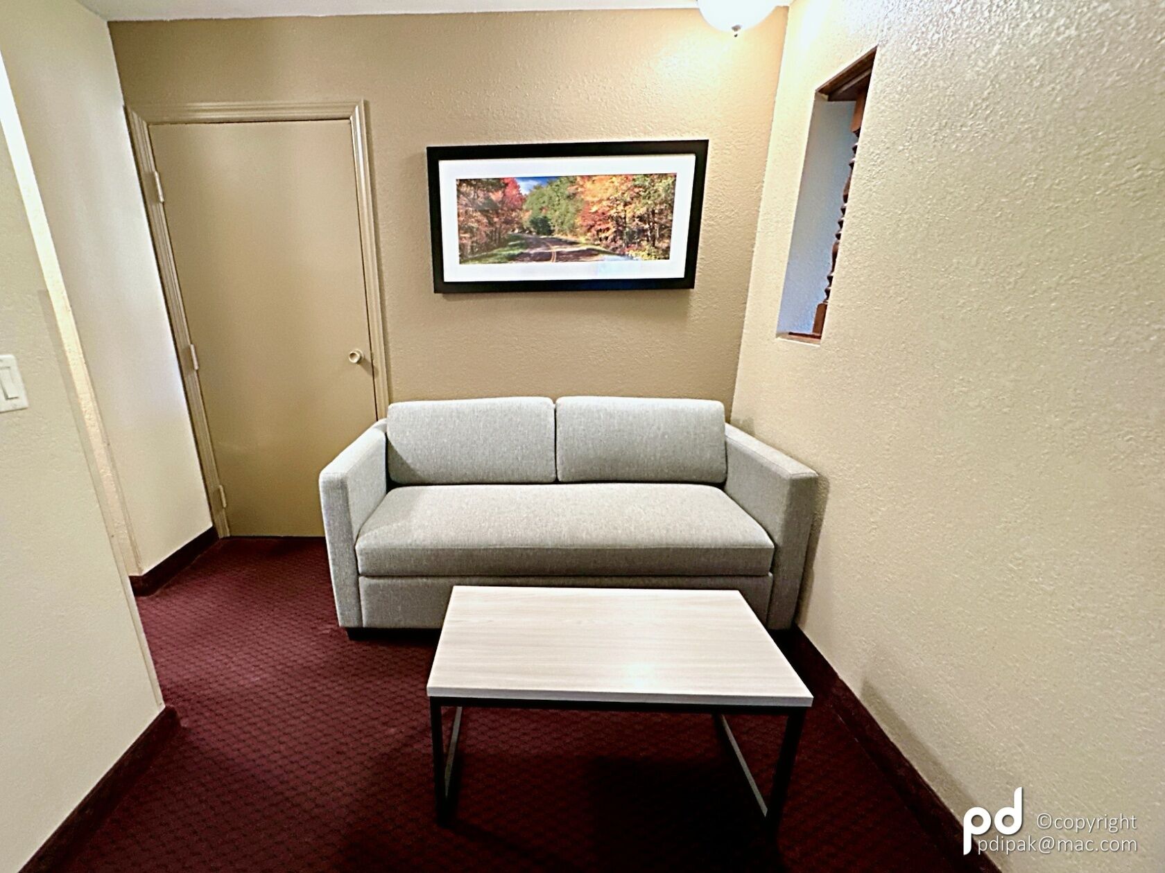 Desk, laptop workspace, blackout drapes, soundproofing