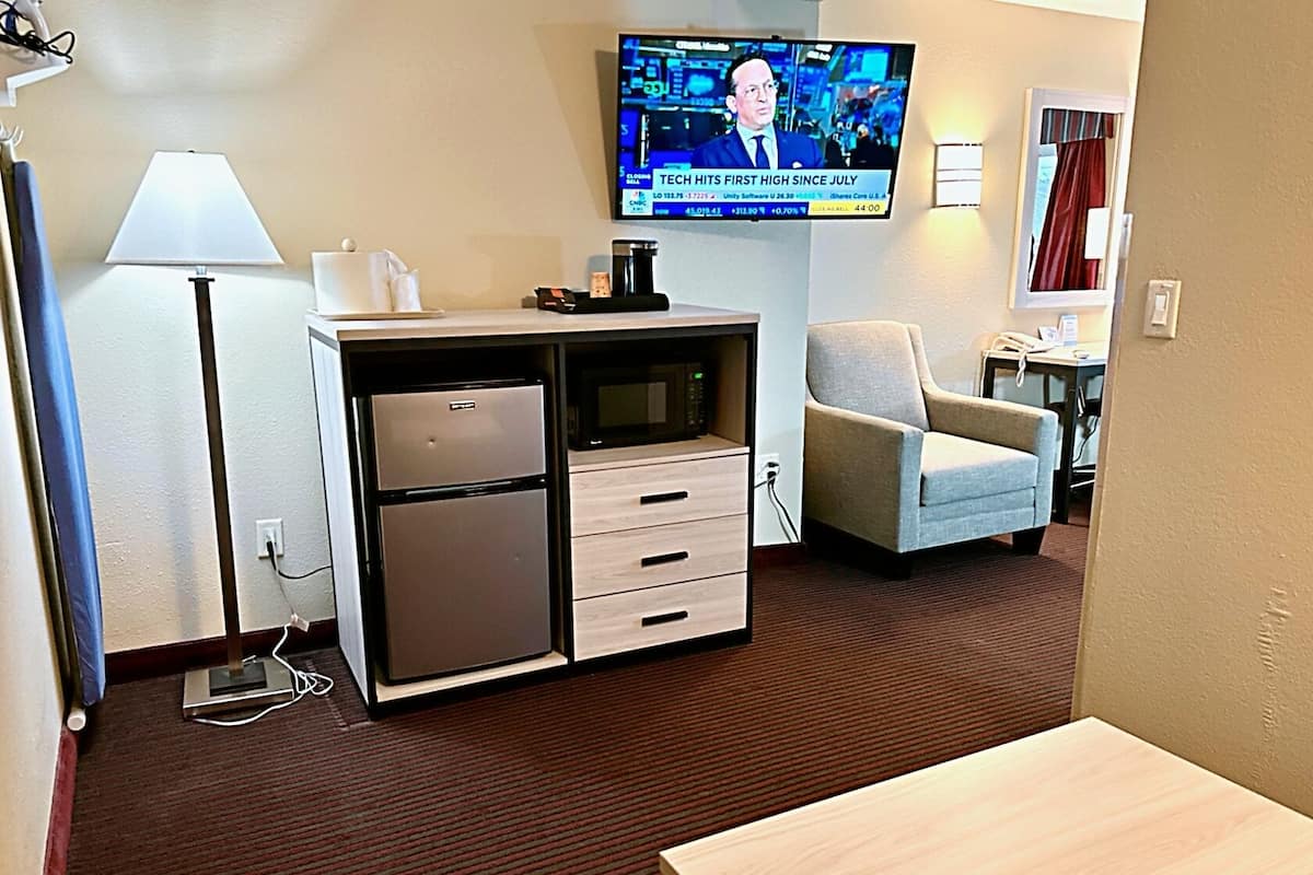 Desk, laptop workspace, blackout drapes, soundproofing