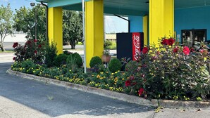 A brightly colored building with yellow pillars and a Coca-Cola sign, surrounded by flower beds with red and yellow flowers. - Motor Inns Of America (Madisonville)