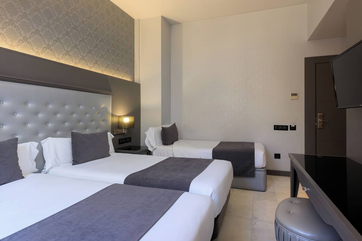 Habitación de hotel con dos camas, un televisor de pantalla plana, una zona de estar y un televisor montado en la pared.