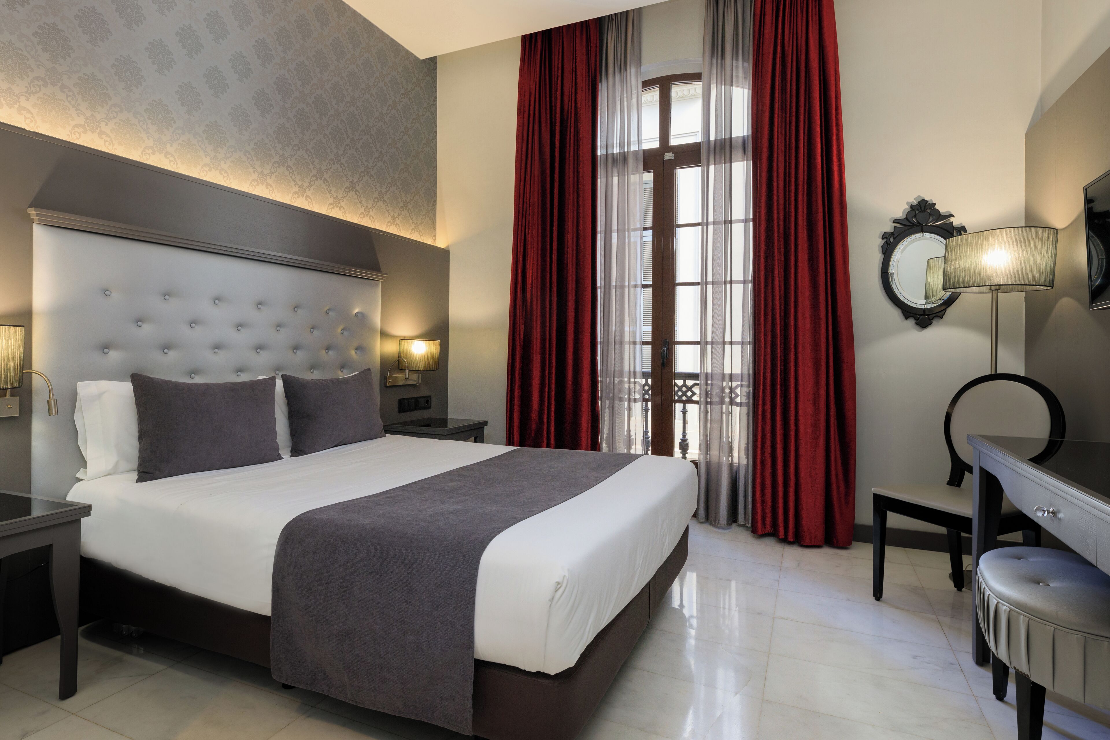 double room | in-room safe, desk, laptop workspace, blackout curtains