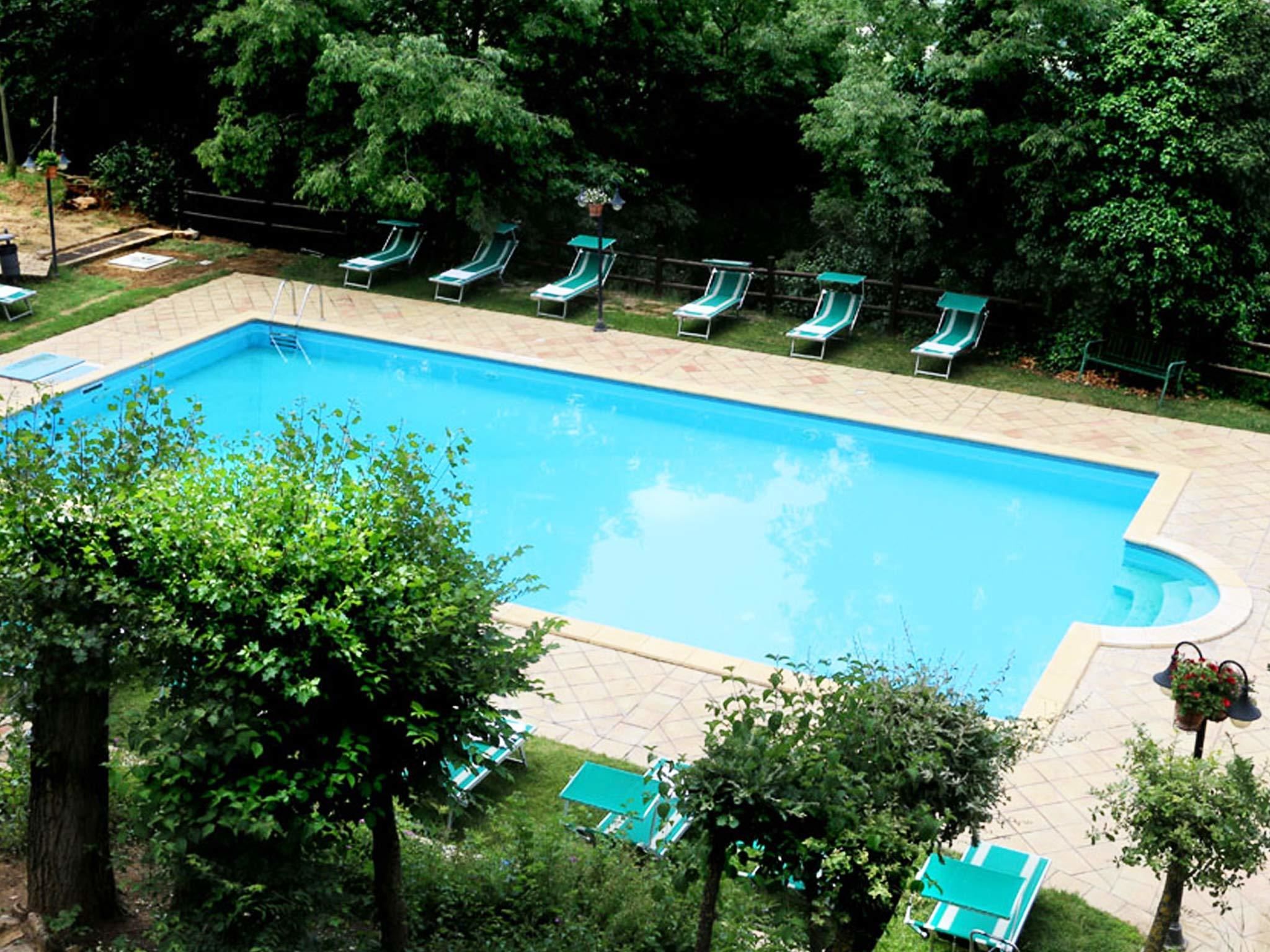 A rectangular swimming pool with a tiled deck, surrounded by green lawn and trees.