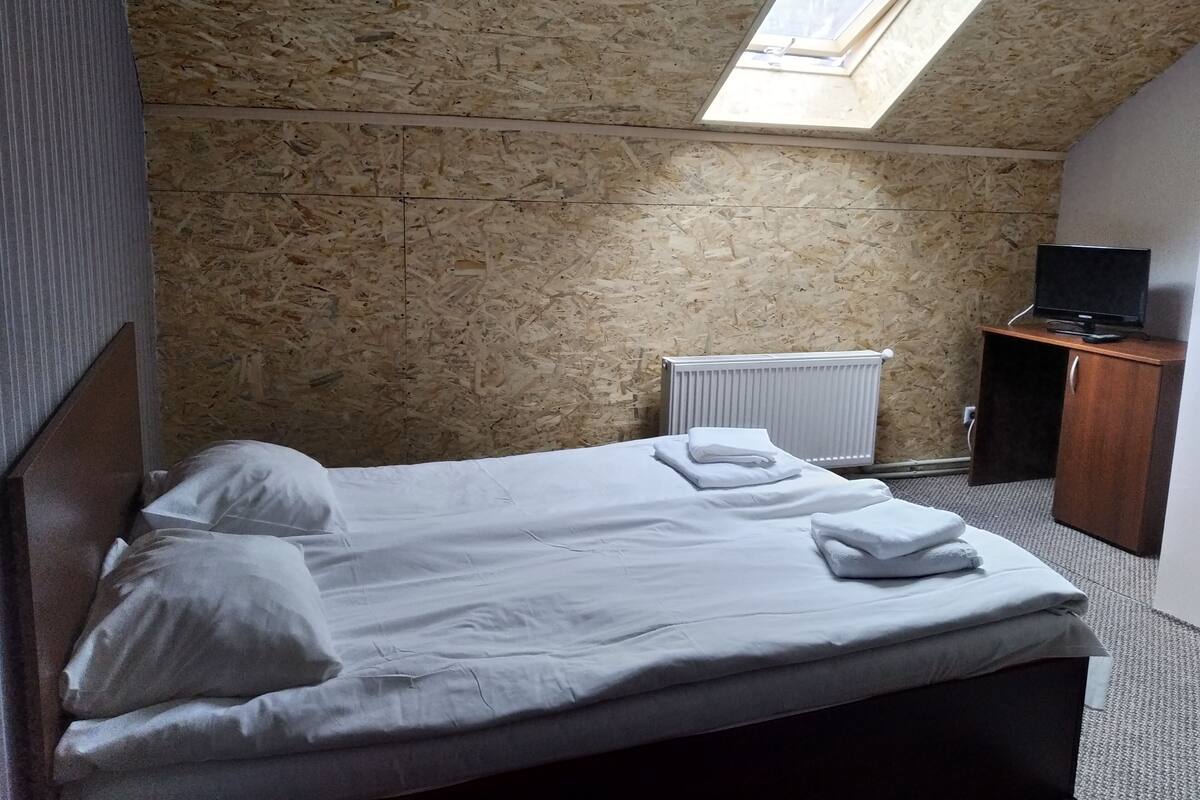 A room with a sloped ceiling, a bed with white linens, a radiator, a television on a wooden cabinet, and a skylight.