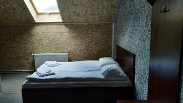 A bedroom with a sloped ceiling, a skylight, a radiator, and a bed with white linens.