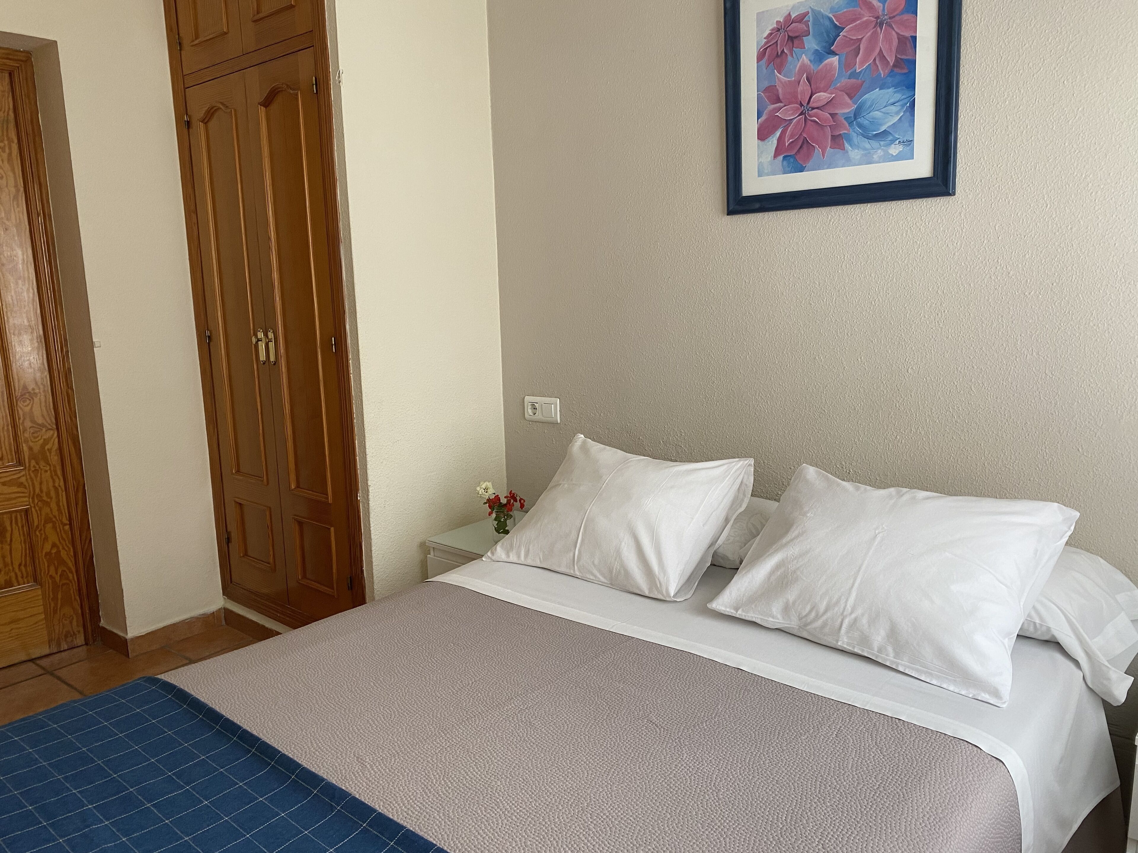 A bedroom with a bed, white pillows, a blue and white rug, a wooden wardrobe, and a framed floral artwork on the wall.
