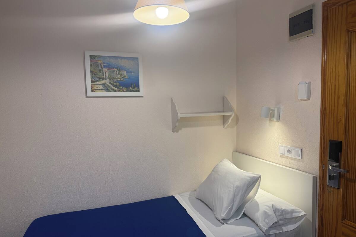 A single bed with a blue bedspread and white pillows, a painting of a coastal scene on the wall, a light fixture, and a wooden door.