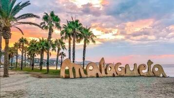 A beach with palm trees and a large sign spelling "Malagueta".