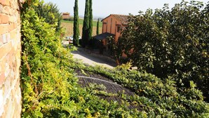 Um edifício rústico com fachada de tijolos, rodeado por vegetação exuberante e céu claro.
