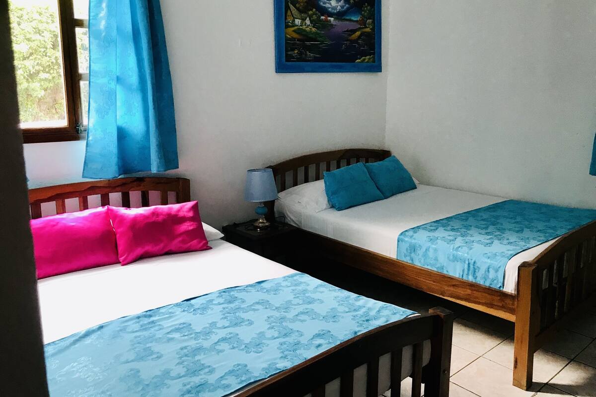 Een slaapkamer met twee enkele bedden, een nachtkastje met een lamp, een schilderij aan de muur en een raam met blauwe gordijnen.
