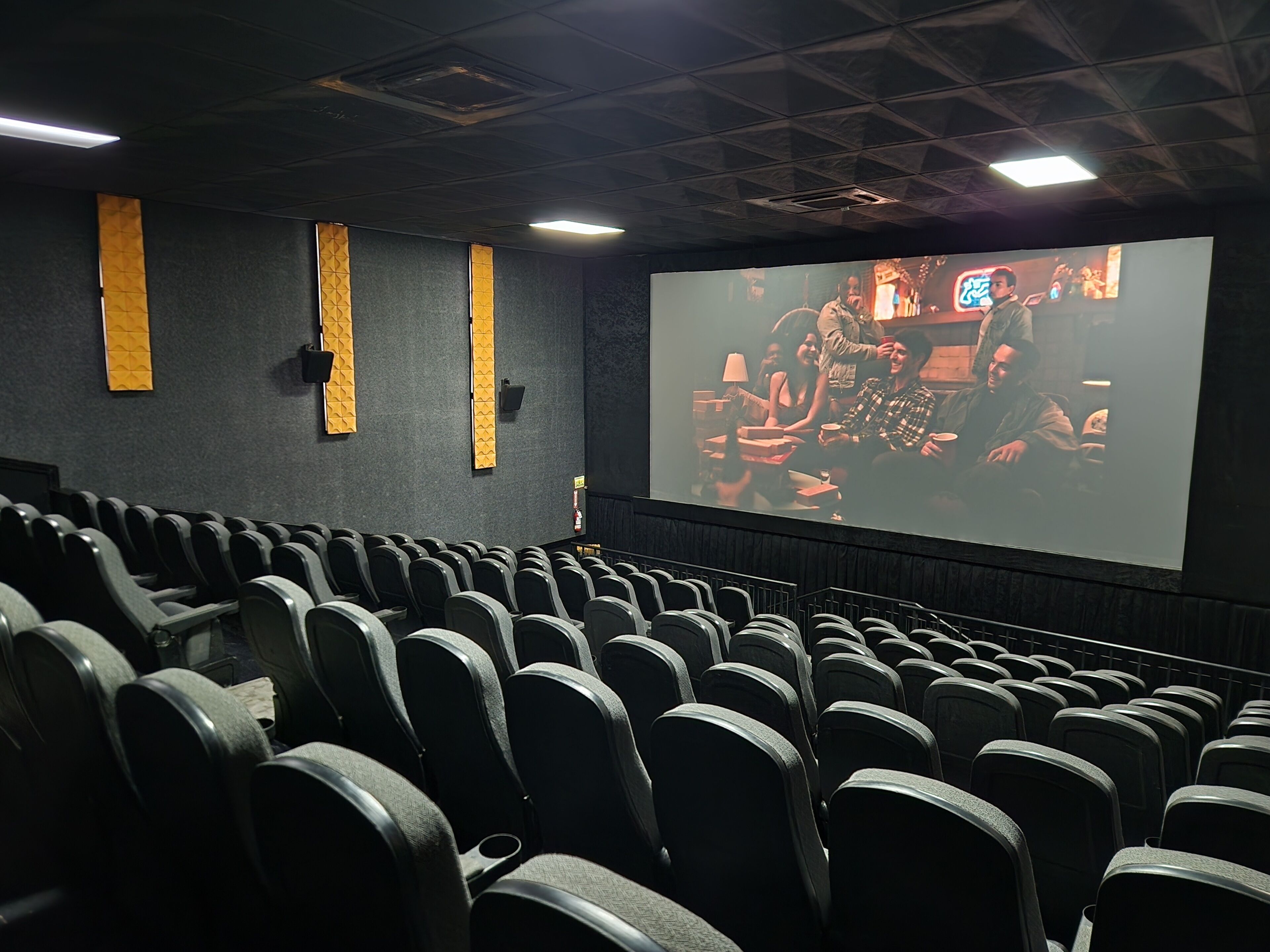 Ein Kino mit Reihen schwarzer Sitze, einer großen Leinwand und dekorativen Wandverkleidungen.