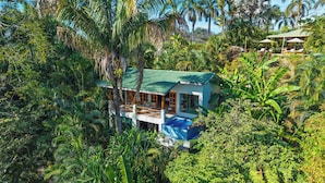 Une maison entourée d’une végétation tropicale luxuriante, avec une piscine bien visible et un espace extérieur aménagé avec des sièges sous une pergola.