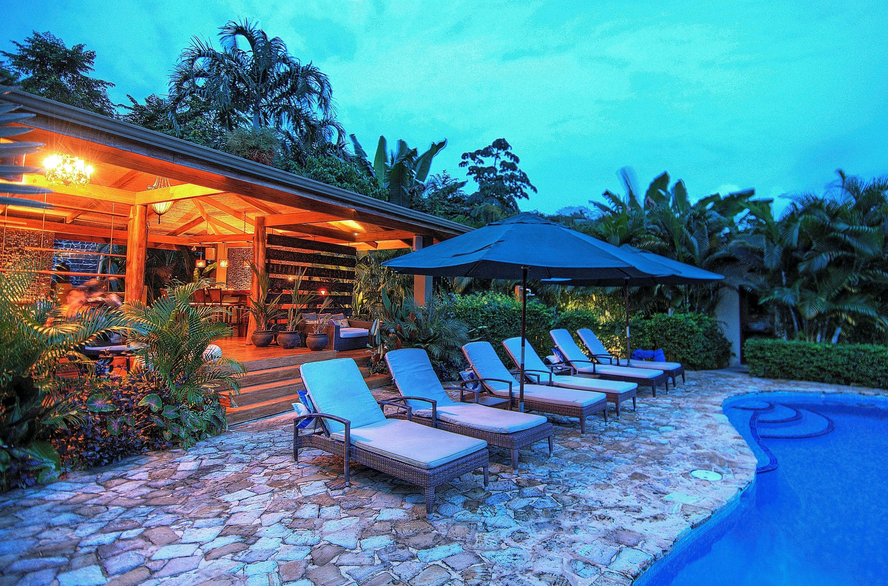 Outdoor pool, pool umbrellas, pool loungers