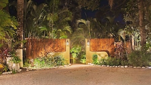 Une entrée fermée par un portail, avec un sentier qui traverse un jardin tropical la nuit.