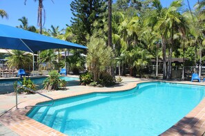 A swimming pool with a blue umbrella, surrounded by palm trees and lounge chairs. - Lani's Holiday Island - Caravan Park (Forster)
