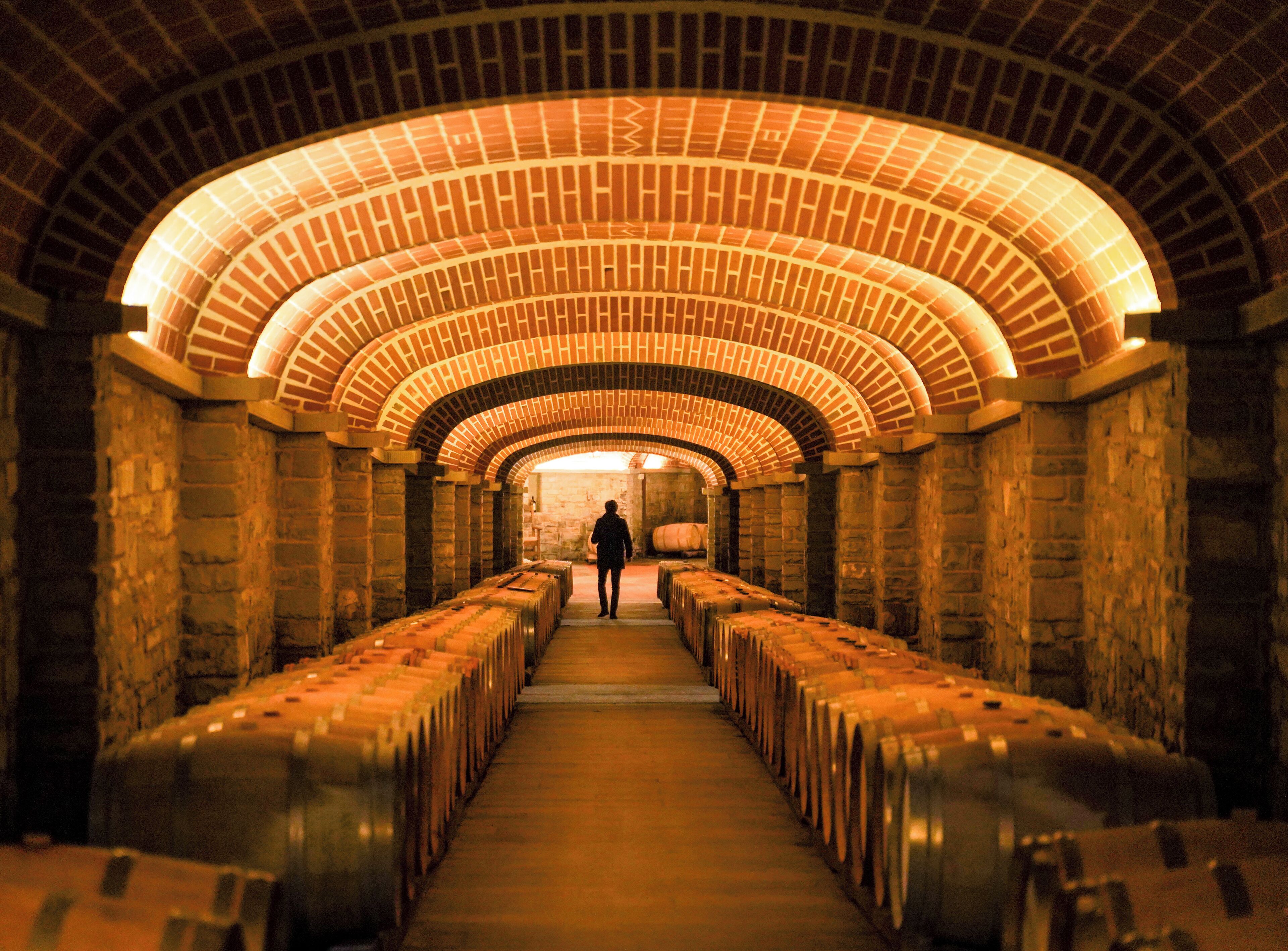 A long, arched corridor with rows of barrels on either side, leading to a bright light at the end.