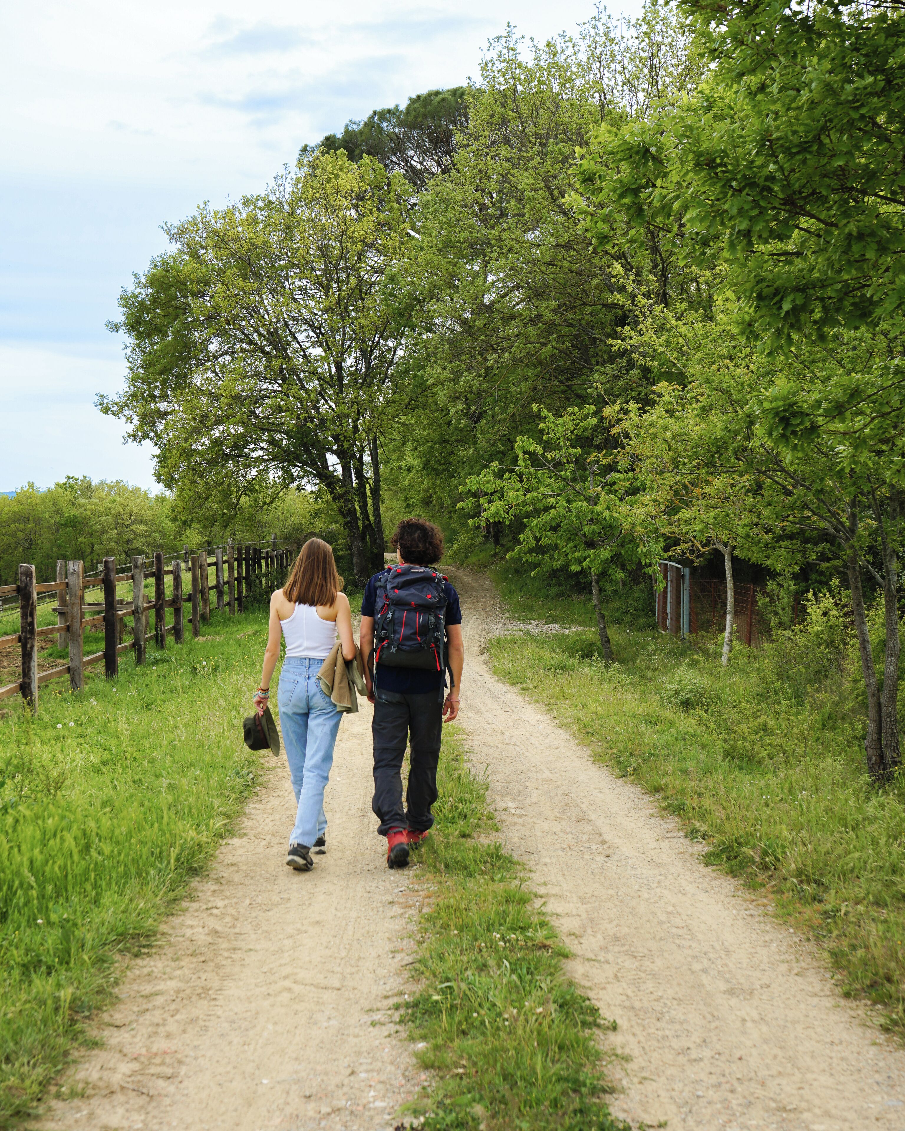 Un sentier de terre bordé de clôtures en bois et d’une végétation luxuriante.