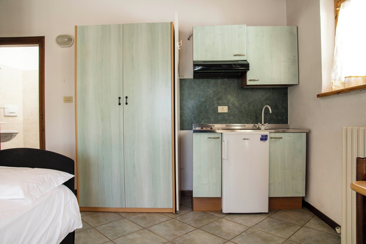 A compact room with a bed, a wardrobe, a kitchenette, and a small refrigerator.