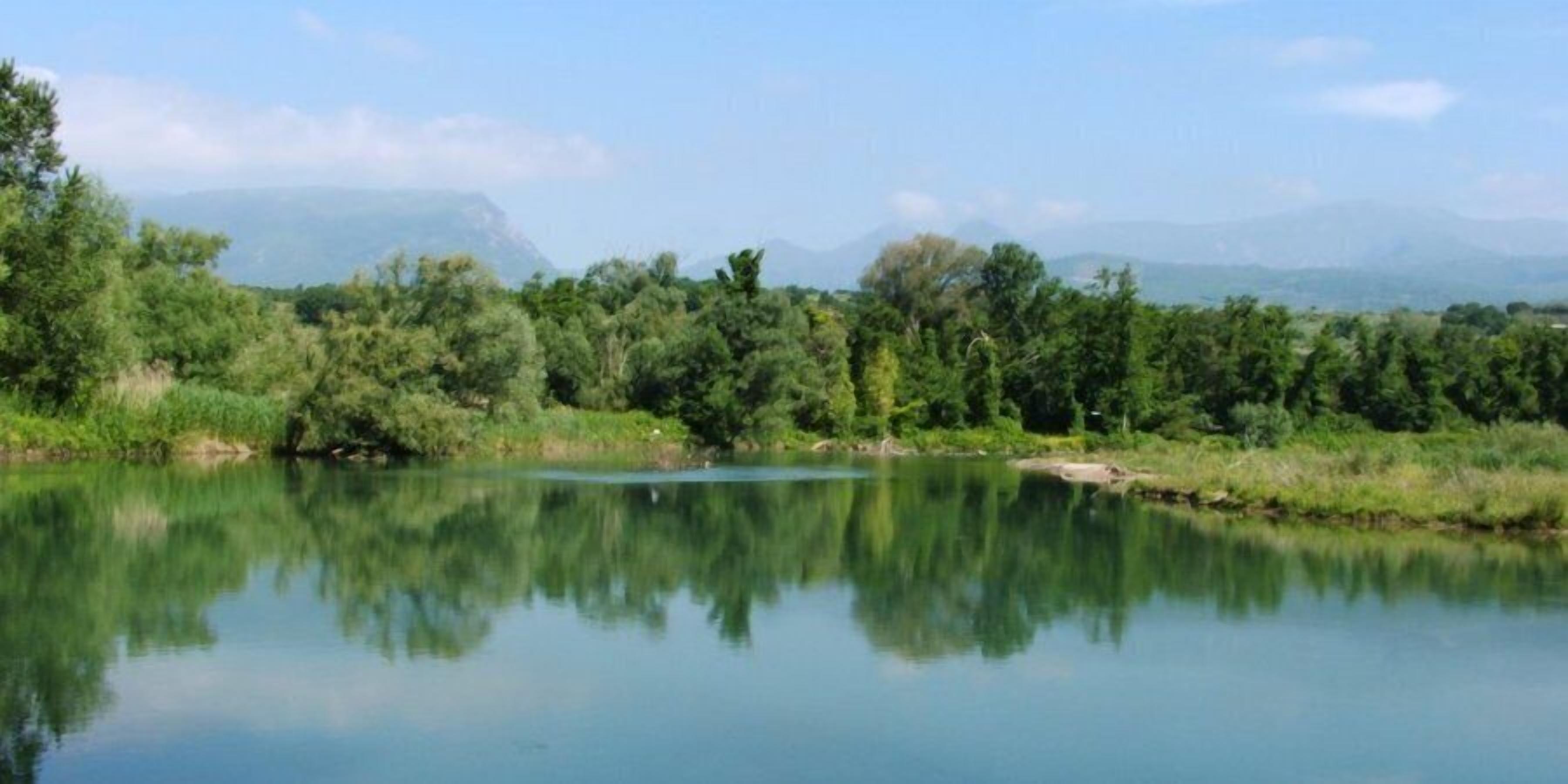 A calm river with dense greenery and distant mountains.