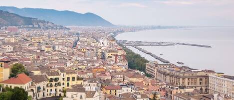 Un paisaje urbano costero con edificios densos, un paseo marítimo y una cadena montañosa distante.