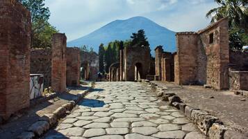 An ancient stone-paved pathway leading to a historic site with brick structures and a mountain in the background.