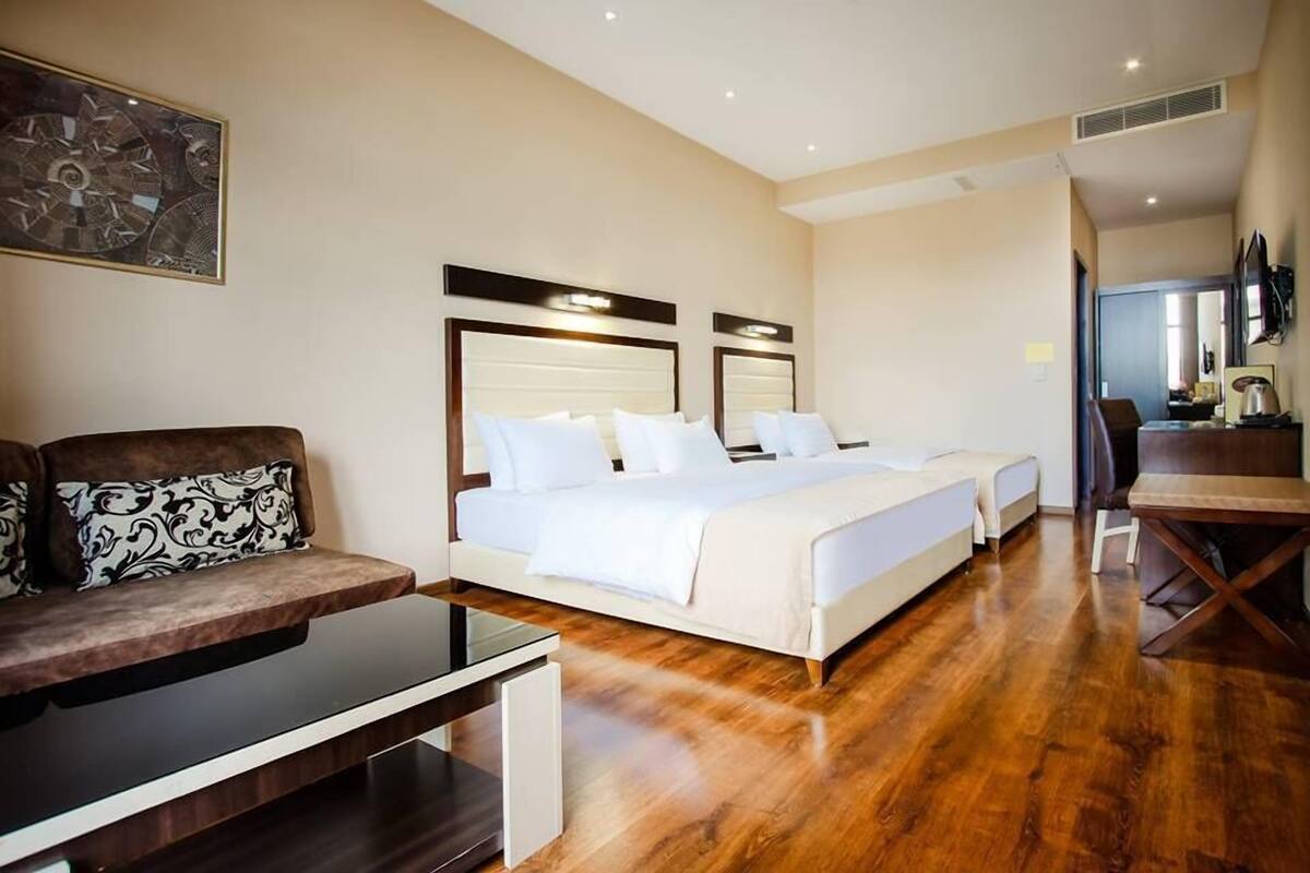 Una habitación de hotel con piso de madera, dos camas con ropa blanca, un sofá con cojines estampados, un escritorio y un televisor.