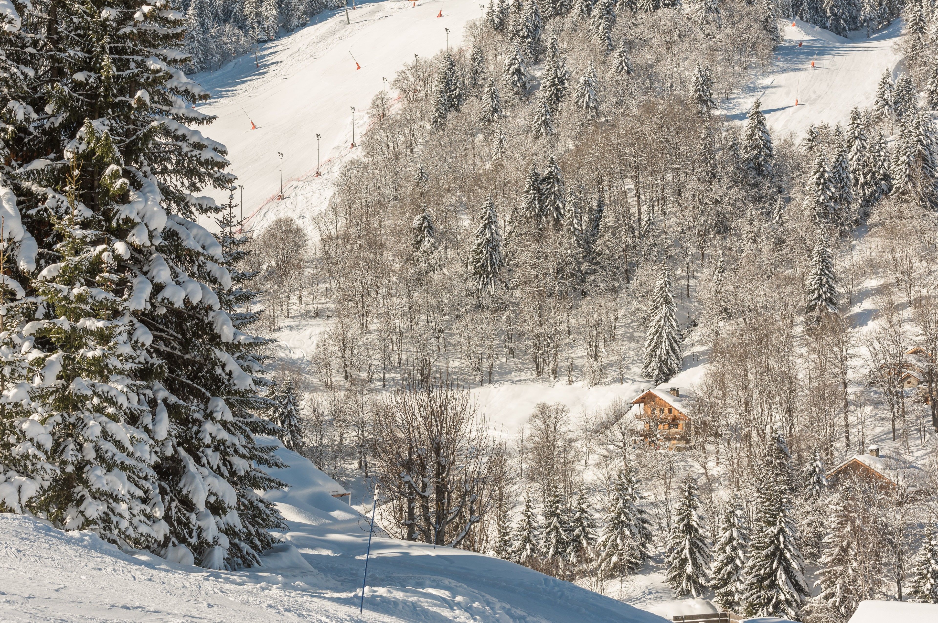 Un paysage montagneux enneigé avec une station de ski, comprenant des remontées mécaniques et un chalet.
