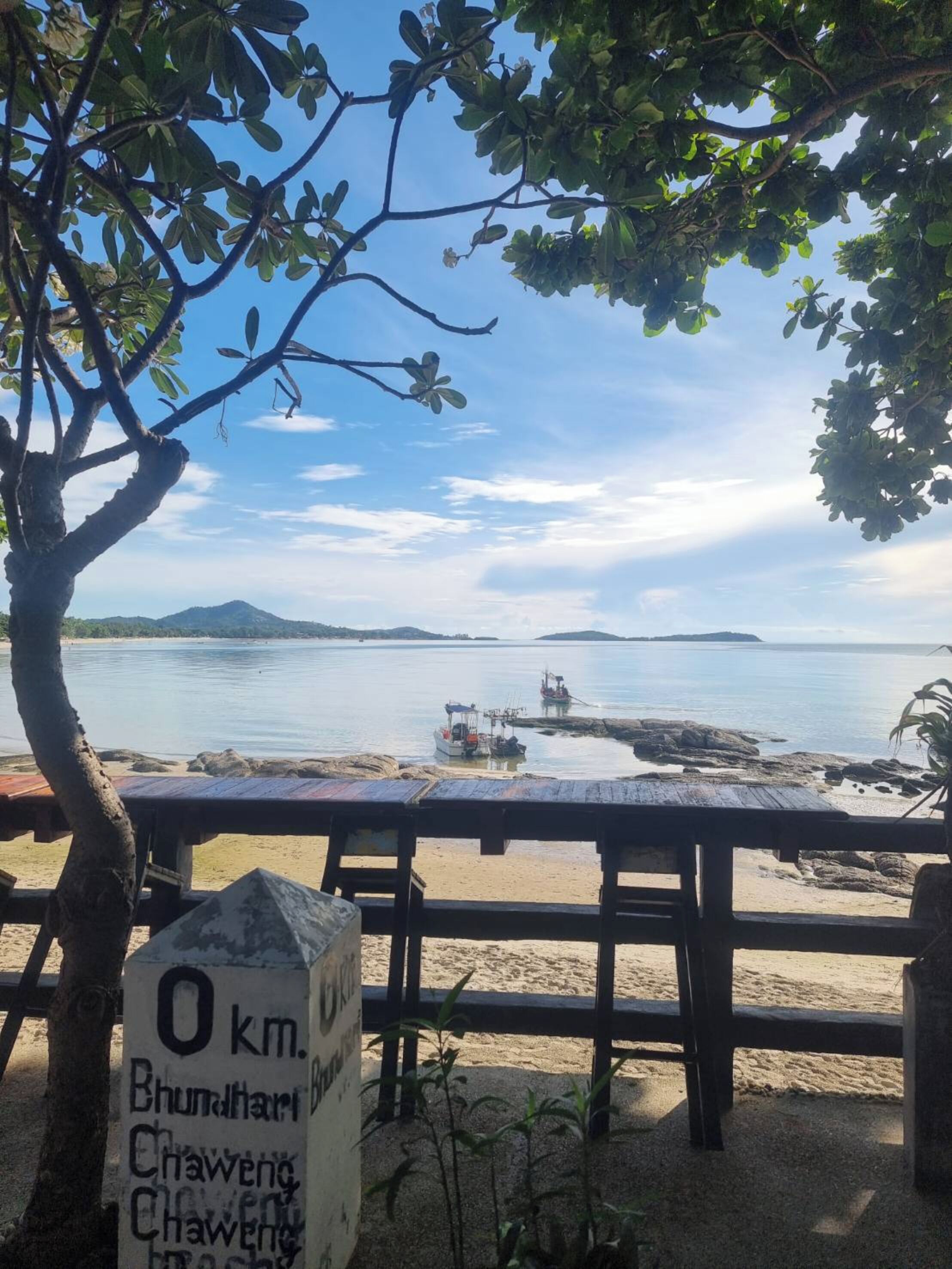 A beach view with a sign indicating '0 km Bhunihari Chaweng'.