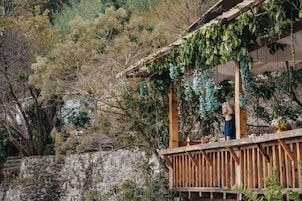 Una terraza de madera con un muro de piedra al fondo, rodeada de follaje y árboles.
