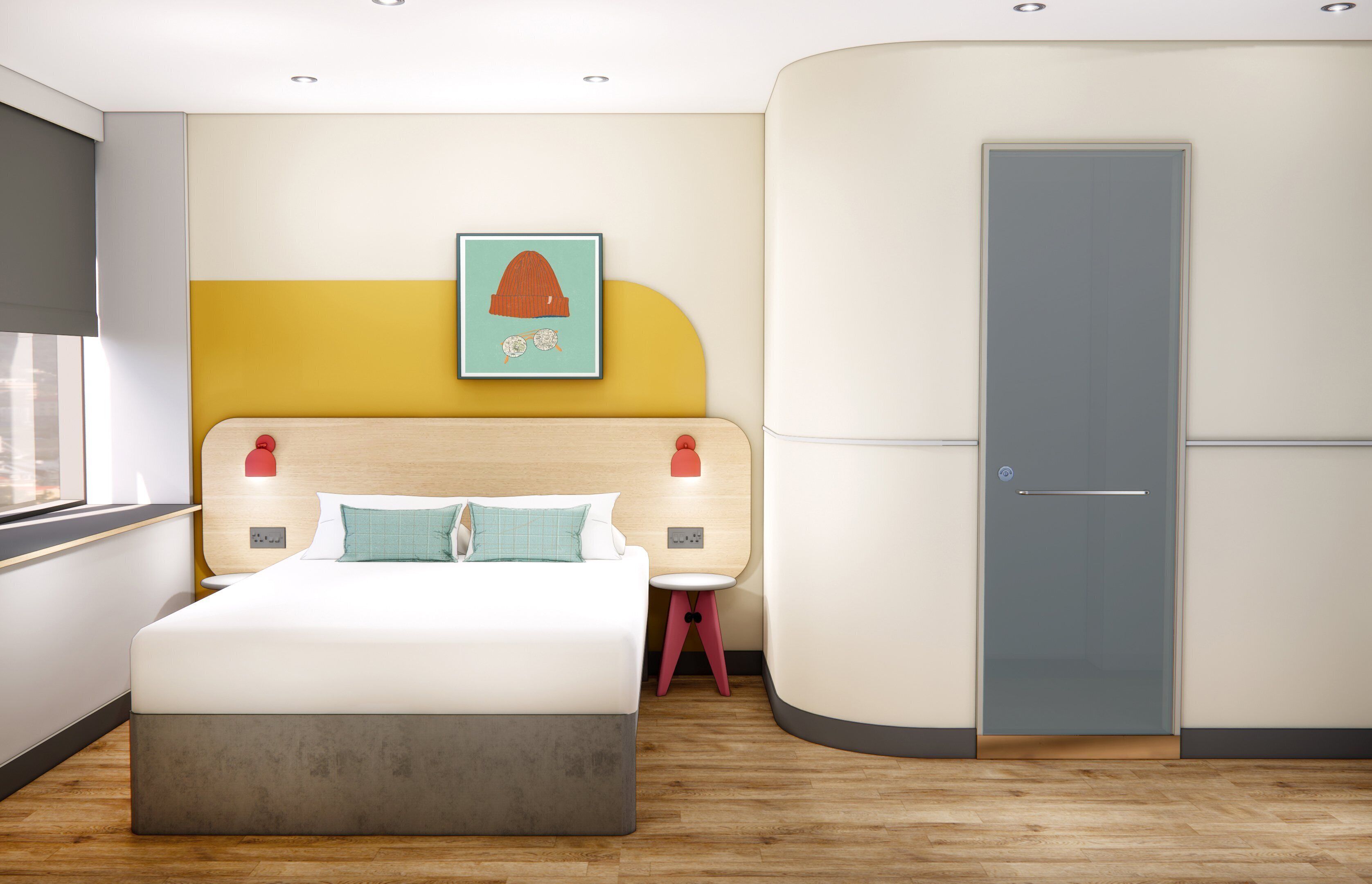 A modern bedroom with a bed, bedside tables, a wardrobe, and a window.