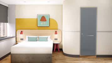 Una camera da letto moderna con un letto, comodini, un armadio e una finestra.