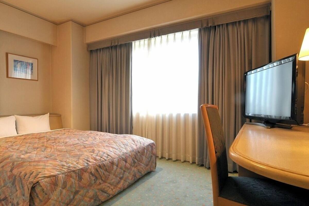 A hotel room with a bed, a television, a chair, and a window with curtains.