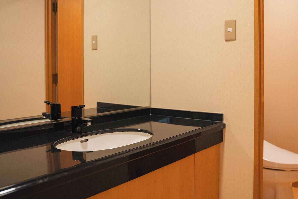 A bathroom with a black countertop, a white sink, a mirror, and a toilet.