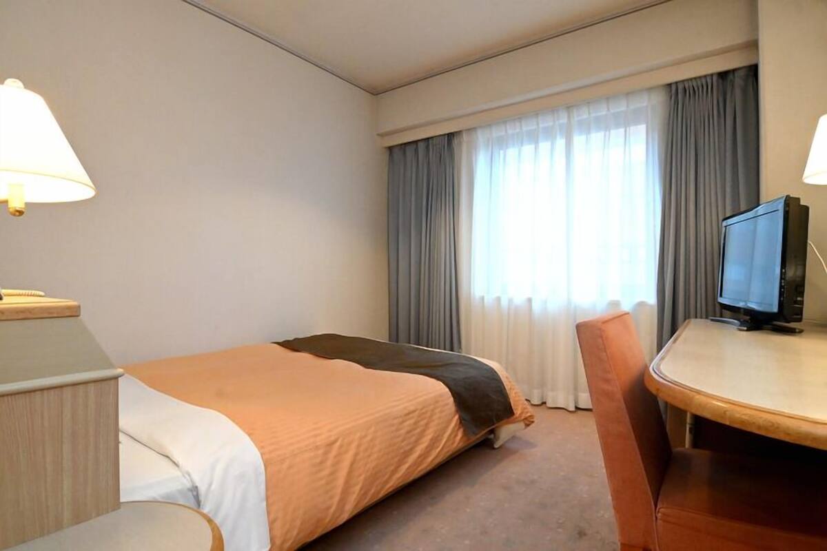 A hotel room with a bed, a desk with a computer, a chair, and a television.